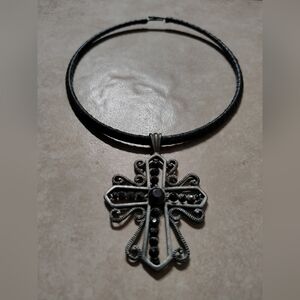 Vintage 80s Black Choker Necklace with SilverTone Goth Cross Pendant/ See Info